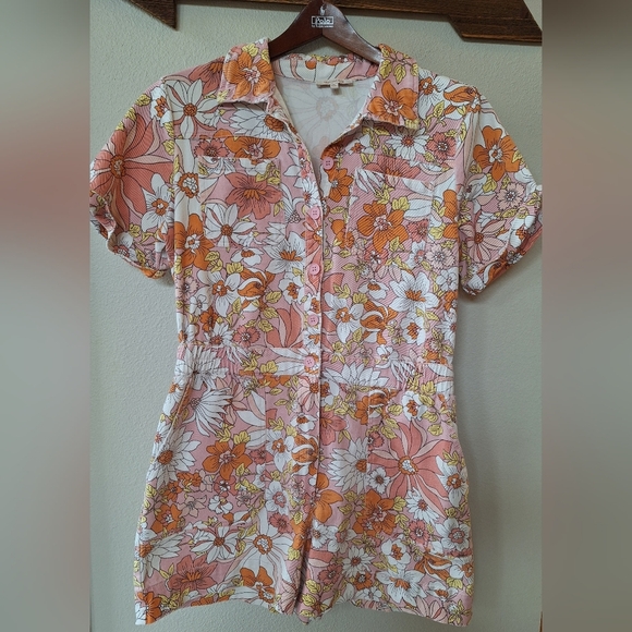 Skies are Blue Womens Retro Floral Denim Romper Button Zip Short sleeves Size M - Picture 1 of 11